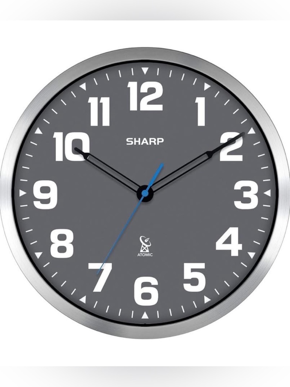 Sharp Atomic Analog Wall Clock - 12" Grey Face, Silver Brushed Finish new/sealed